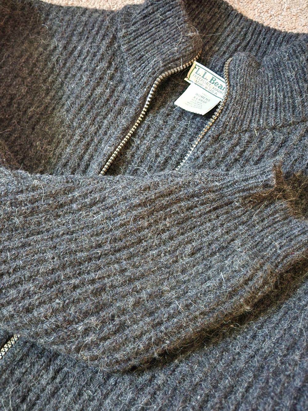L.L. Bean Alpaca Wool Women's Ribbed Full Zip Sweater Jacket Grey USA Made XL